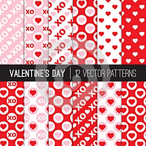 Pink and Red Valentine`s Day Seamless Patterns with Hearts, Hugs and Kisses XOXO