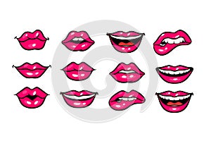 Pink red woman lips in pop art style.