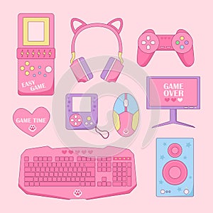Pink Rerto Gamer Girl elements set