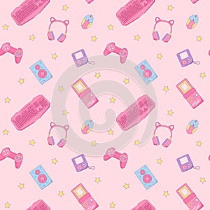 Pink Rerto Gamer Girl seamless pattern