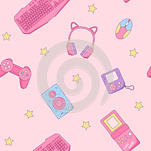 Pink Rerto Gamer Girl seamless pattern photo