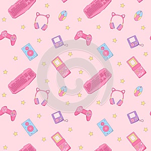 Pink Rerto Gamer Girl seamless pattern photo