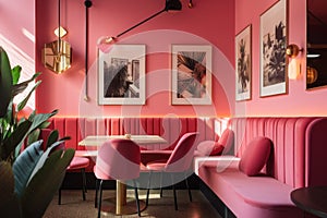 A pink restaurant with pink booths and pink chairs. Generative AI image.