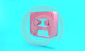 Pink Retro audio cassette tape icon isolated on turquoise blue background. Minimalism concept. 3D render illustration