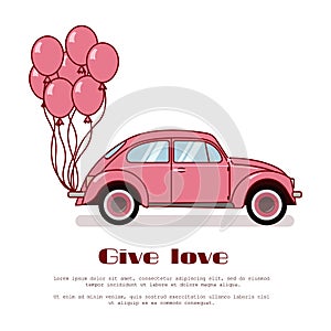 Pink retro beetle car with hot air balloons on trunk isolated on white background. Flat vector illustration. For