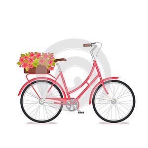 Pink retro bicycle with bouquet in floral box on trunk for wedding, congatulation banner, invite, card