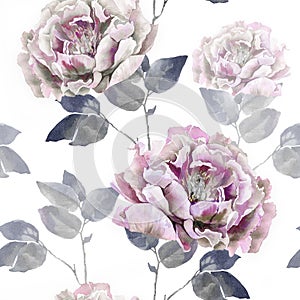 Pink retro grey flowers of peony. Seamless flower pattern