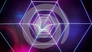 Pink Retro Hexagon Grid Tunnel and Distant Planets in Space