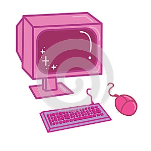 Pink retro monitor, computer mouse and keyboard. Computer icon.