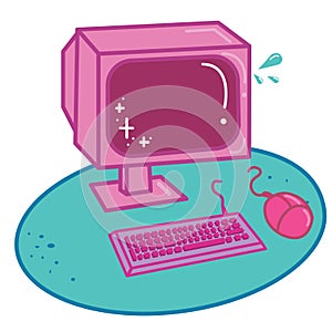 Pink retro monitor, computer mouse and keyboard. Computer icon.