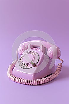 Pink retro phone on purple background. 80s or 90s retro fashion aesthetic. Retro object, gadget, telephone.