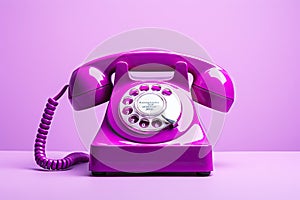 Pink retro phone on purple background. 80s or 90s retro fashion aesthetic. Retro object, gadget, telephone.