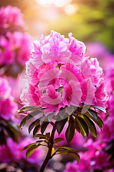 Pink rhododendron blooms in soft sunlight. Nature and springtime concept