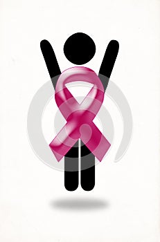 Pink ribbbon Woman healed of breast cancer jumping with joy