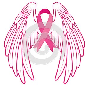 Pink ribbon with angel wings. Breast Cancer Awareness Ribbon. Vector illustration for breast health. photo