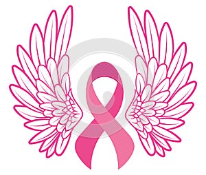 Pink ribbon with angel wings. Breast Cancer Awareness Ribbon. Vector illustration for breast health.