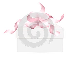 Pink ribbon bow on white gift box background