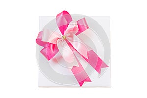 Pink ribbon bow and white gift box isolate on white with Clipping path