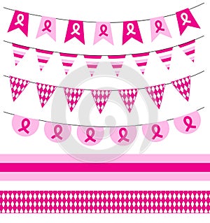 Pink ribbon. Breast cancer awareness symbol, isolated on white background. Breast Cancer set garlands, ribbons