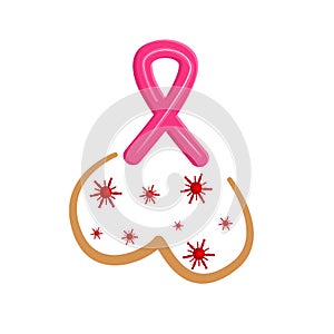 Pink ribbon with breast and cancers isolated on white background. Illustration in cartoon style for Breast Cancer Awareness Month
