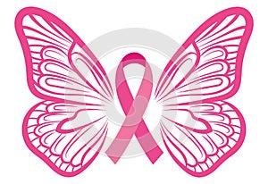 Pink ribbon with butterfly wings. Breast Cancer Awareness Ribbon. Vector illustration for breast health. photo