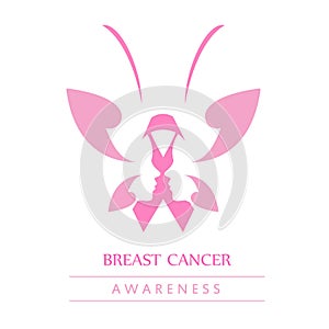 Pink ribbon with faces of women and butterfly for breast cancer awareness month october