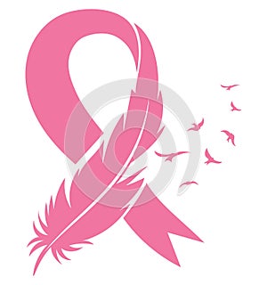 Pink ribbon with feather and birds. Breast Cancer Awareness Ribbon. Vector illustration for breast health.