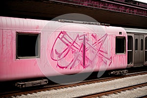 A pink ribbon graffiti tag sprayed onto a train car