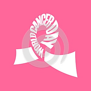 Pink ribbon, lettering, world cancer day symbol. Breast cancer, hope logo. Awareness, design element, white icon on pink