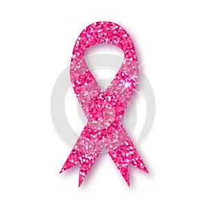 Pink ribbon. Pink glitter ribbon symbol of breast cancer awareness on white background. Element with shadow