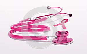 Pink ribbon stethoscope icon breast cancer awareness realistic medical tool isolated horizontal flat