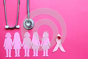 Pink ribbon and stethoscope on pink background, Symbol of breast cancer in women, Health care and Medical concept