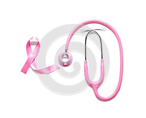 Pink ribbon with stethoscope on white background. Breast cancer concept
