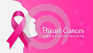 Pink ribbon symbol on woman face silhouette for Breast cancer awareness month poster background concept design vector illustration