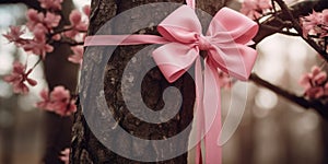 Pink ribbon tied around a tree trunk with blooming cherry blossoms