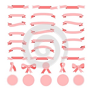 Pink Ribbons banners, ribbon labels, round frame, bow icon peach color bow tie isolated on white set vector sign