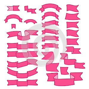 Pink ribbons, big set of hand drawn design element, flag, arrow, banner, label on white