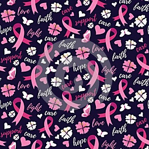 Pink Ribbons Breast Cancer Awareness Supportive words Pattern