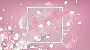 Pink ribbons with confetti and white rectangle frame on pink background, paper art/paper cutting style