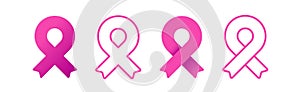 Pink ribbons set. Outline and filled icons. Minimalist style. Breast cancer awareness. Vector illustration, flat design