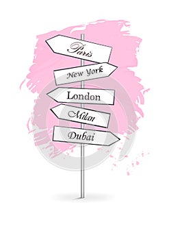 Pink road signs Shopping Citi isolated on white background vertical vector illustration