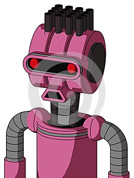 Pink Robot With Multi-Toroid Head And Sad Mouth And Visor Eye And Pipe Hair