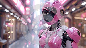 Pink Robot with Visor in Neon-Lit Data Center Corridor