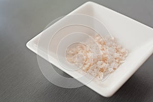Pink Rock Salt in white bowl