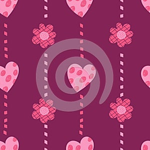 Pink romantic floral seamless pattern. Decorative flowers and hearts on burgundy background. Vector illustration. pink