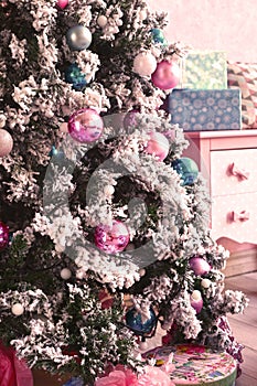 Pink room with christmas new year decoration photo