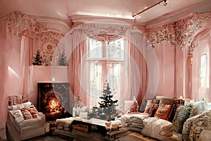 Pink room with christmas tree, fireplace and big sofa. Victorian style. Merry Christmas. AI created a digital art illustration