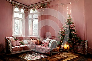 Pink room with christmas tree, fireplace and big sofa. Victorian style. Merry Christmas. AI created a digital art illustration