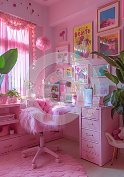 A pink room with furniture, desk, chair, and houseplant for interior design