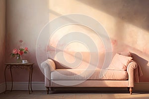 A pink room with a pink sofa and shadows from the window on the wall.